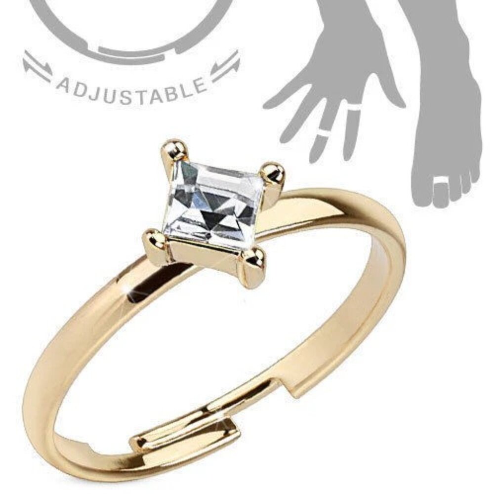 ADJUSTABLE 14K GOLD OVER PRINCESS CUT CZ MID-RING OR TOE RING